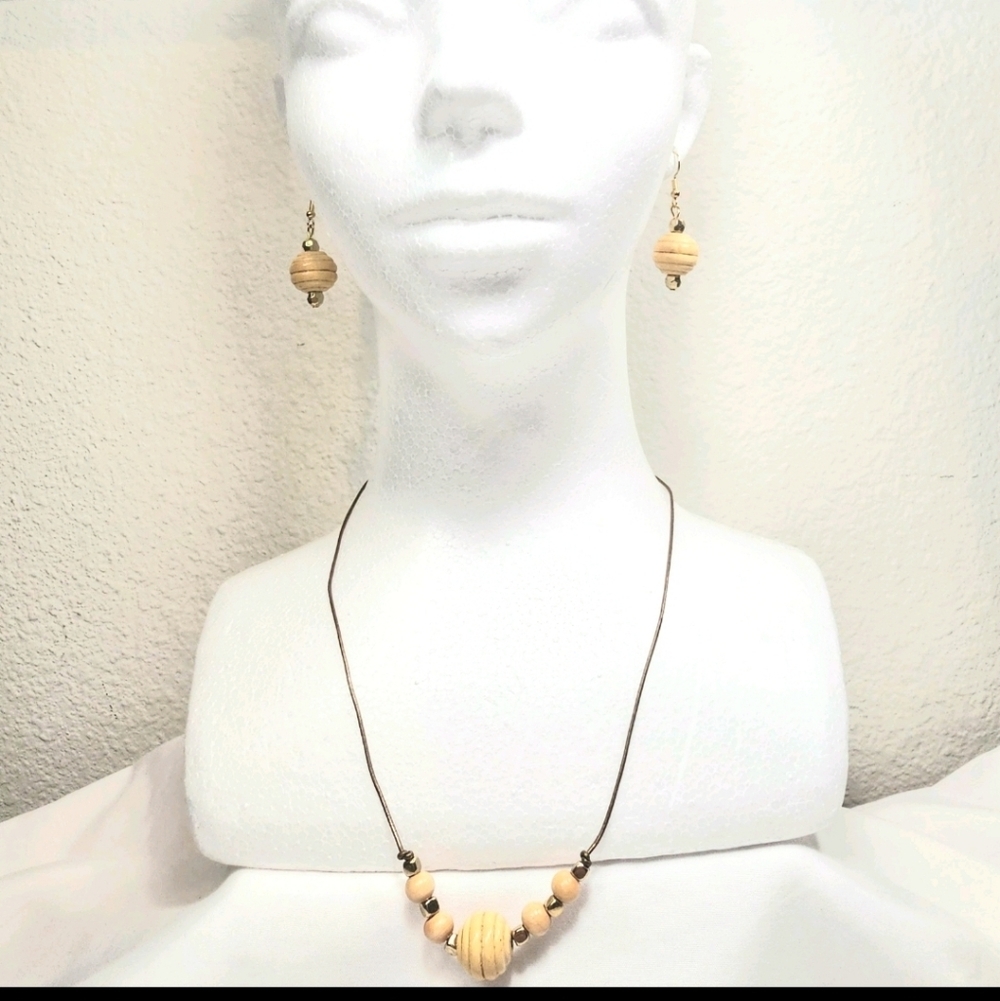 Beaded Wooden Drop Earrings And Necklace Jewelry Set Boho Style